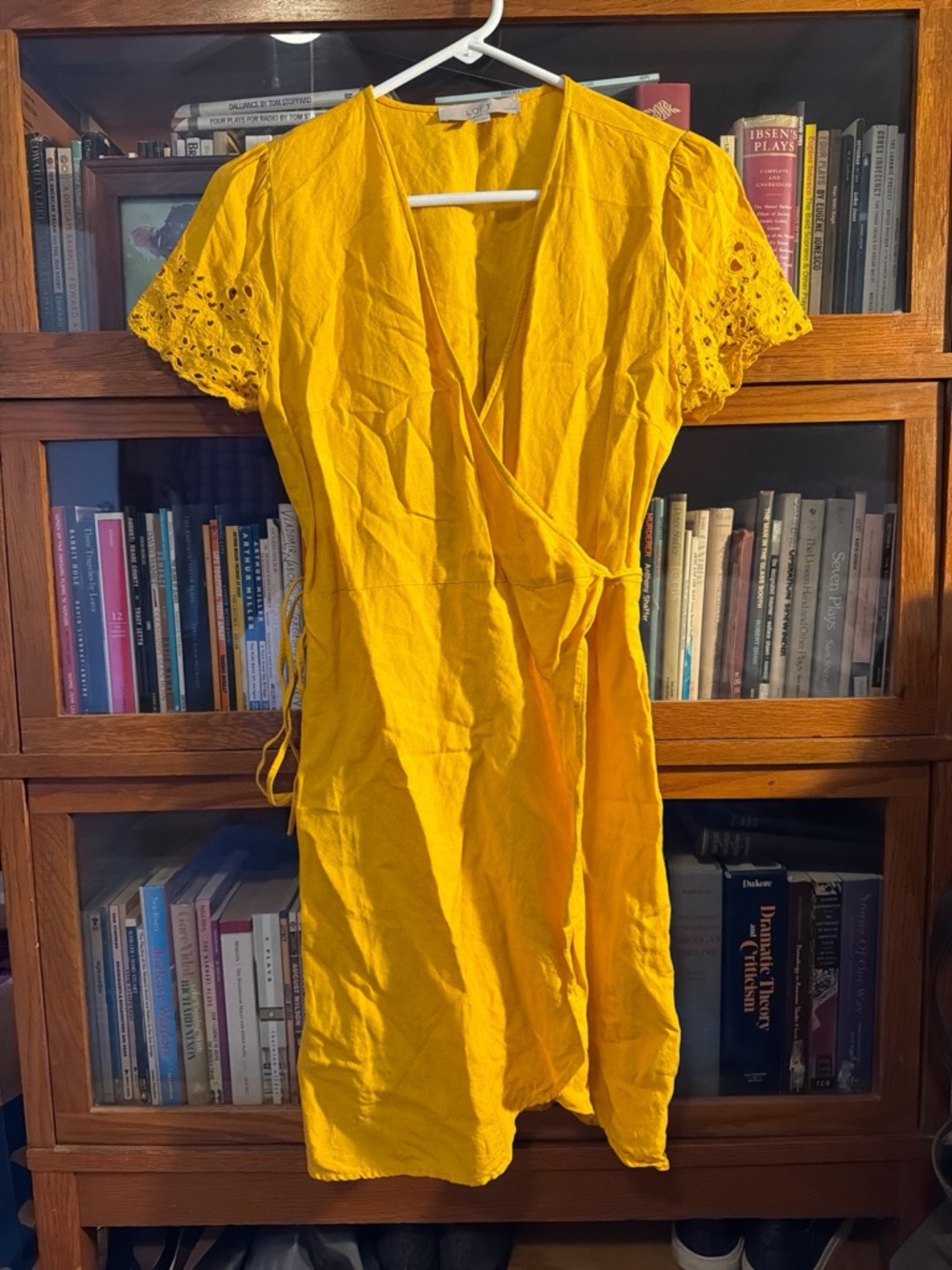 LOFT Yellow Wrap Midi Linen Dress with Eyelet Sleeves